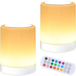 OORUN Touch Bedside Table Lamp,13 RGB Colors & 5 Brightness, USB Rechargeable Desk Lamp, Remote Control Dimmable Night Light with RGB Color Changing, Portable Lamp for Baby (2 Pack White)