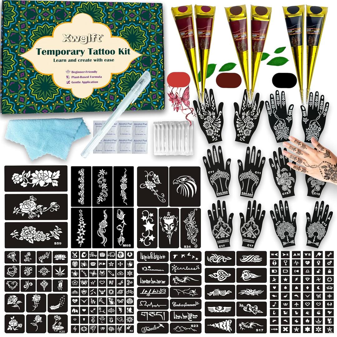 191 Pcs Temporary Tattoo Stencils Kit with 6 Tattoo Cones (2 Black, 2 Brown, 2 Dark Red), White Tattoo Outline Pen, Cotton Swabs & Towel | Perfect for Adults, Teens, Beginners, Family Fun & Parties