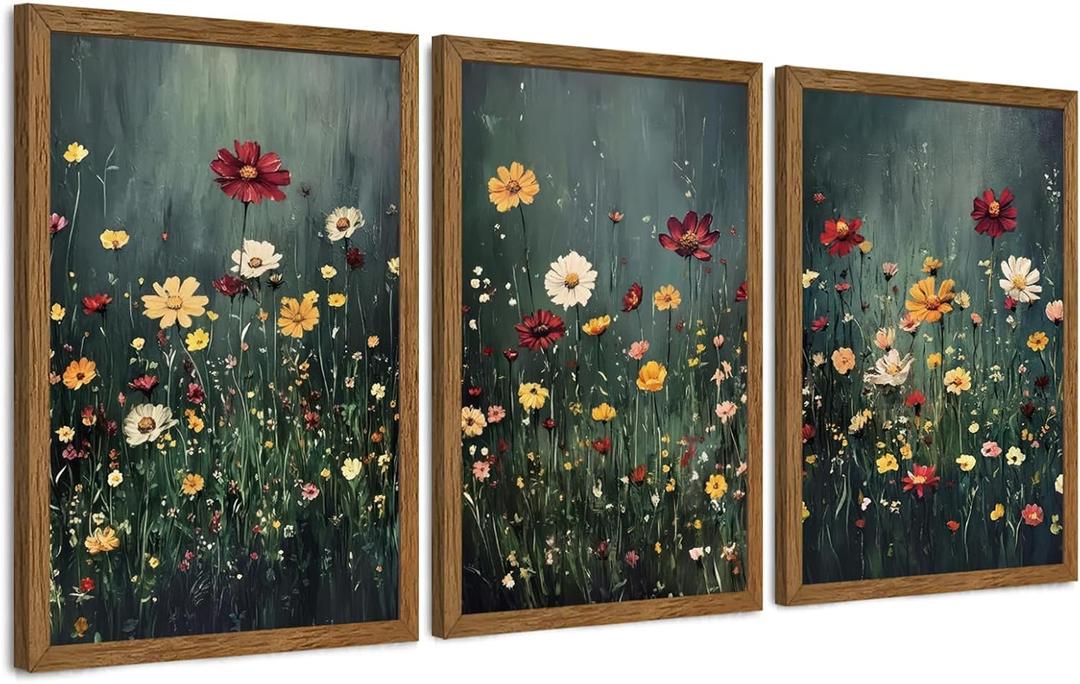 Urmoya 3 Pieces Vintage Floral Framed Canvas Wall Art, Nature Floral Landscape Wall Decor, Botanical Aestheticrt Art Prints for Living Room Bedroom Office Home Decoration 16x24 in Wood Framed
