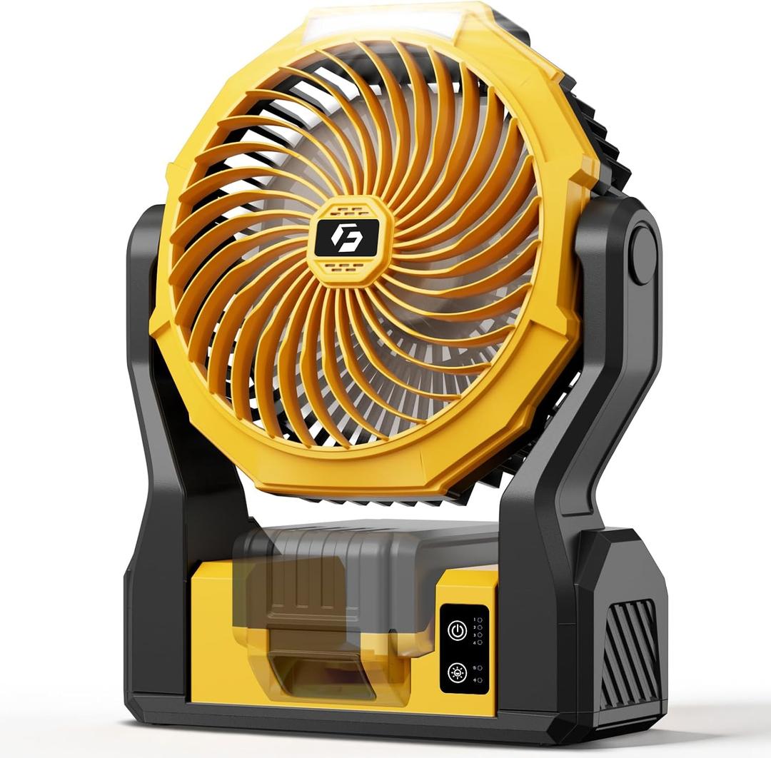 Battery Operated Fan for Dewalt 20V Max Battery, 5.7m/s High Speed Rechargeable Portable Fan with USB Powered & 4 Speed & 2 Light for Camping, Workshop, Garage, Jobsite (Not Included Battery) - Yellow