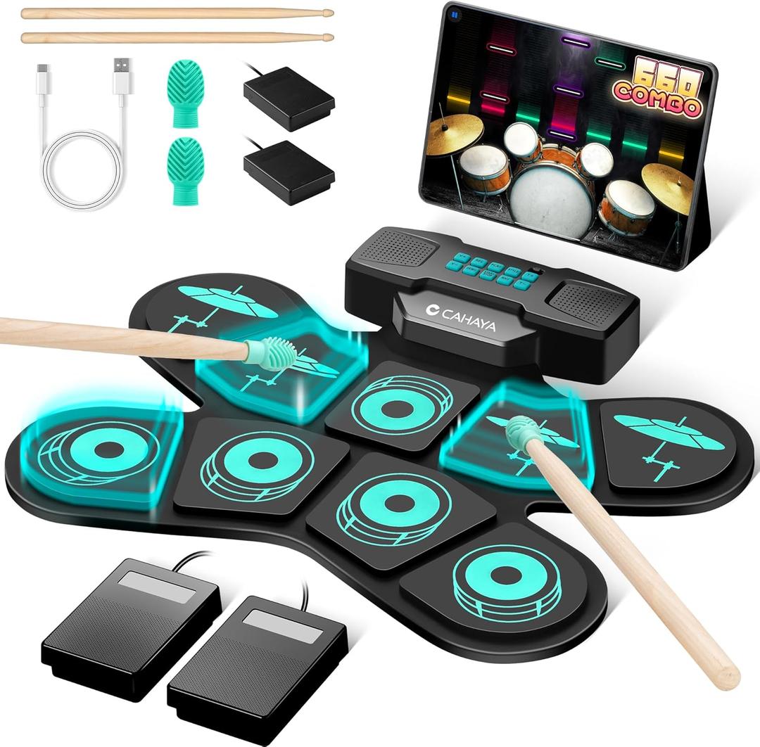 CAHAYA Electronic Drum Pad Set: Dual Speakers Portable 9-pads Electric Practice Drum MIDI Gam Great Gift for Music Beginners