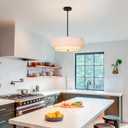 Black Modern Chandelier 18'' Linen Drum Chandeliers with Fabric Lampshade Pendant Light Fixture 3-Light Farmhouse Chandeliers for Dining Room Bedroom Kitchen Hallway Foyer, 18" 2-Layer