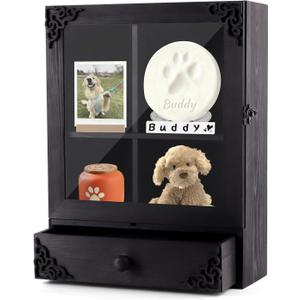 Pet Memorial Shadow Box with Shelves & Drawer, 16 x 12.2 Wood Pet Memorial Gifts for Dog & Cat, Pet Urn Ashes Display Case for Loss Pet Remembrance Memory Keepsake Tabletop Wall Hanging