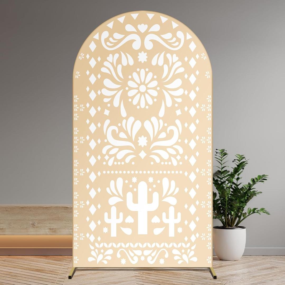 Beige Yellow Arch Backdrop for Baby Shower Mexican Talavera Wedding Party Stretchy Arch Stand Cover Doubleside Banner Baptisms Birthday Decoration Props(Only Cover)(3.3x6ft,Beige Yellow)