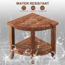 18" Teak Corner Shower Stool, Inside Shower Stool with Storage Shelf, Waterproof Teak Stool for Shaving Legs and to Sit On, 2-Tier Shower Stool,Adjustable Feet, Non-Slip, Brown