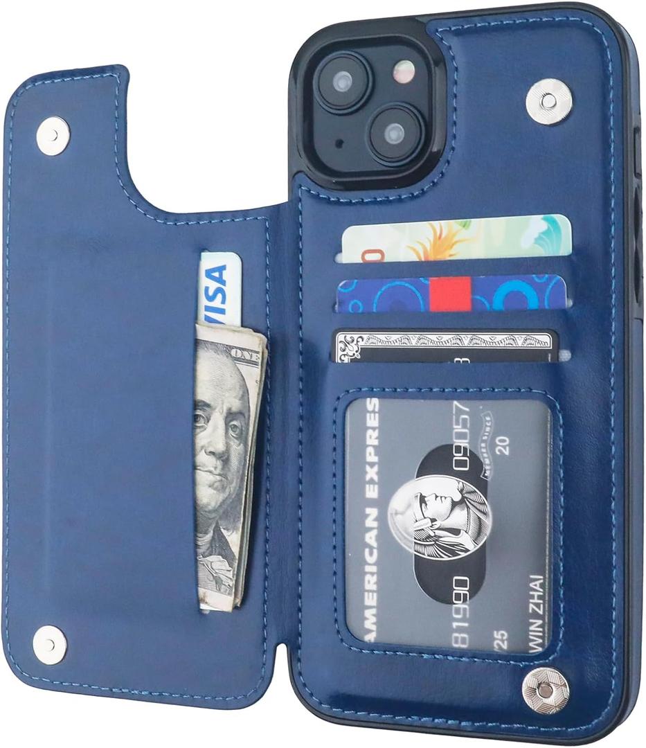ONETOP Compatible with iPhone 15 Plus Wallet Case with Card Holder, PU Leather Kickstand Card Slots Case, Double Magnetic Clasp and Durable Shockproof Cover 6.7 Inch (Blue)