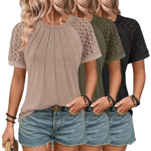 3 Pack Women's Clothing Summer Tops Blouses Dressy Casual T Shirts, Short Sleeve Clothes 2025 Trendy Outfits (Large, Black/Khaki/Armygreen)