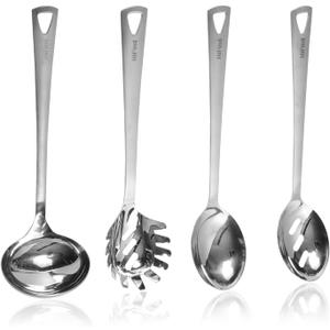 4PCS Cooking Utensils Set, Stainless Steel Kitchen Utensils Set, Durable Kitchenware Set for Cooking, Utensils Set with Slotted Serving Spoon, Spaghetti Fork, Ladle, Solid Serving Spoon