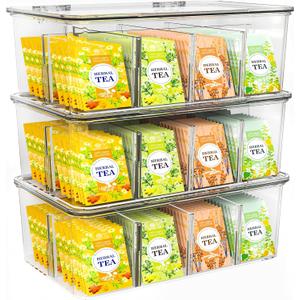 Utopia Home - Tea Bag Organizer With Lids, Clear Pantry Storage Box - (3 Pack) Stackable Partition Organizers or Holder With Lids For Drawers, Countertops, Fridge, Kitchen, Snack & Spice Organization