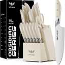 Kitchen Knife Set - Haugo 14 PCS Cream White Knife Set with Block and Sharpener - German Stainless Steel - Full Tang Knife Block Set and Ergonomic Handle - Obsidian Series