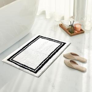 Tititex Luxury White Black Frame Line Bathroom Rug, 16x24 inch Extra Soft and Absorbent Microfiber Bath Rugs, Non-Slip Plush Shaggy Bath Carpet, Bath Mats for Bathroom Floor, Tub and Shower