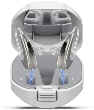 Lentorgi Rechargeable Hearing Aids for Seniors with Noise Reduction, BTE Hearing Aids for People with Mild Moderate Severe Hearing Loss, Dual Microphones, Comfortable Fit - Champagne
