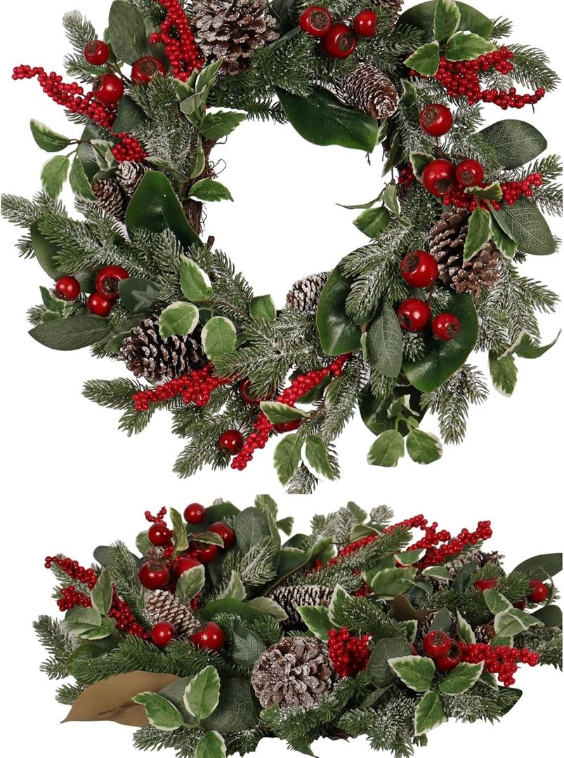 24-Inch Christmas Wreath for Front Door - Artificial Holiday Wreath with Frosted Pinecones, Red Berries, Holly Leaves, and Greenery - For Indoor & Outdoor Winter Decorations, Xmas Wall Dcor