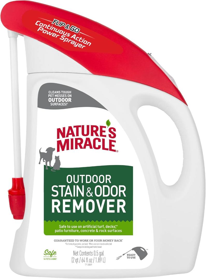 Natures Miracle Outdoor Stain & Odor Remover, 64 fl oz, Removes Dog & Cat Messes, Convenient Flip & Go Sprayer, Ready-to-Use, Multi-Pet & Multi-Mess Formula