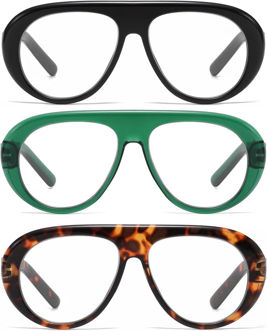 AMOMOMA 3 Pack Retro Oversized Aviator Reading Glasses for Women Men,Trendy Blue Light Blocking Readers Large Frame AM6224