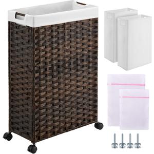 Greenstell Laundry Hamper with Wheels, 11.9 Gallon (45L) Small Clothes Hamper with 2 Removable Liner Bags & 2 Mesh Bags, Slim Rattan Laundry Basket for Bathroom, Bedroom, Brown (45L (15.8 x 7.9 x 23.6 inches))