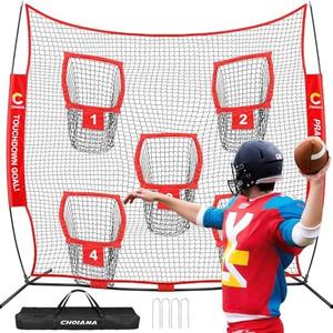 Choiana Football Throwing Net, Quarterback Training Equipment w/ 5 Target Pockets, Football Practice Training Target Net to Improve QB Throwing Accuracy, w/Carry Bag & Stakes for Kids Adults, Red