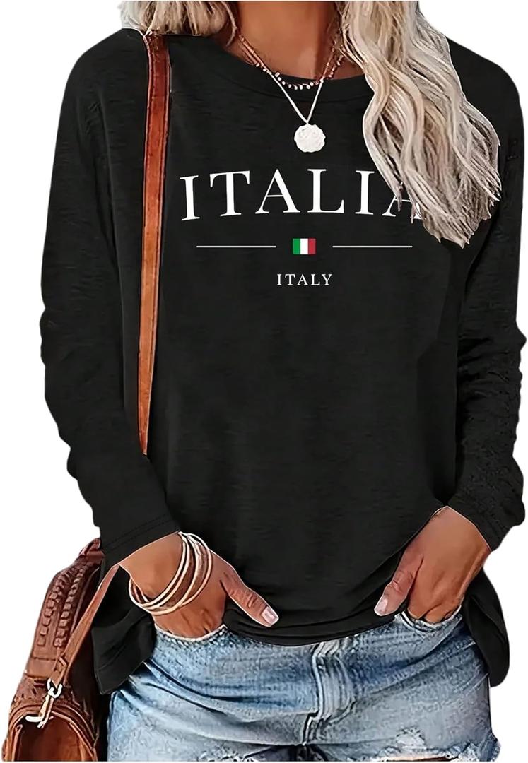 Verdusa Women's Letter Print Long Sleeve T Shirts Crew Neck Drop Shoulder Casual Tee Tops (Black, L)