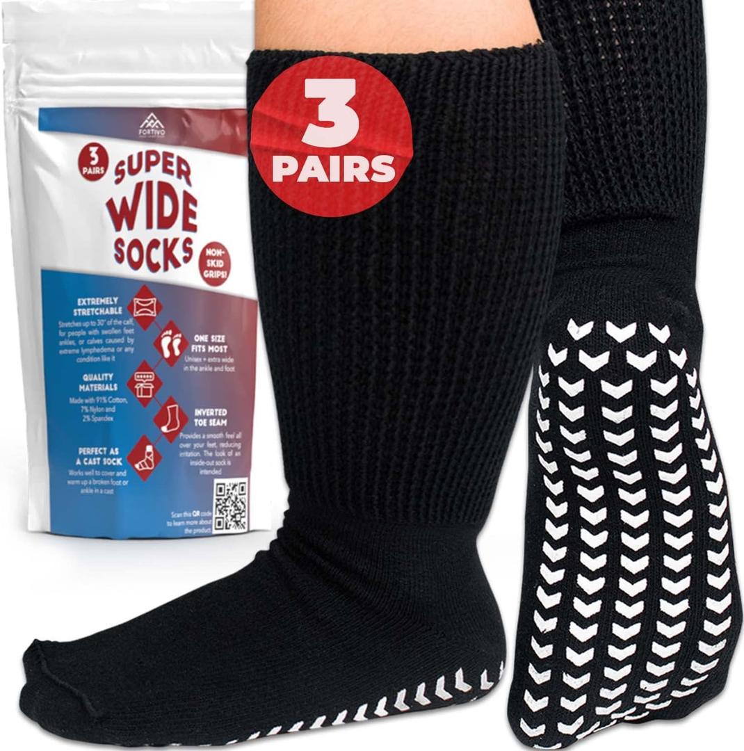 3 Pairs Extra Wide Socks for Swollen Feet - Non Slip Diabetic Socks for Men, Hospital Use (Black)