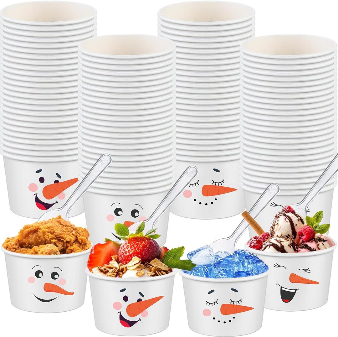 100 Pcs Winter Soup Bowls with Spoons 9 oz Snowman Disposable Ice Cream Cups Let It Snow Paper Treat Snack Dessert Soup Bowls for Hot or Cold Food Holiday Party Favor Supplies