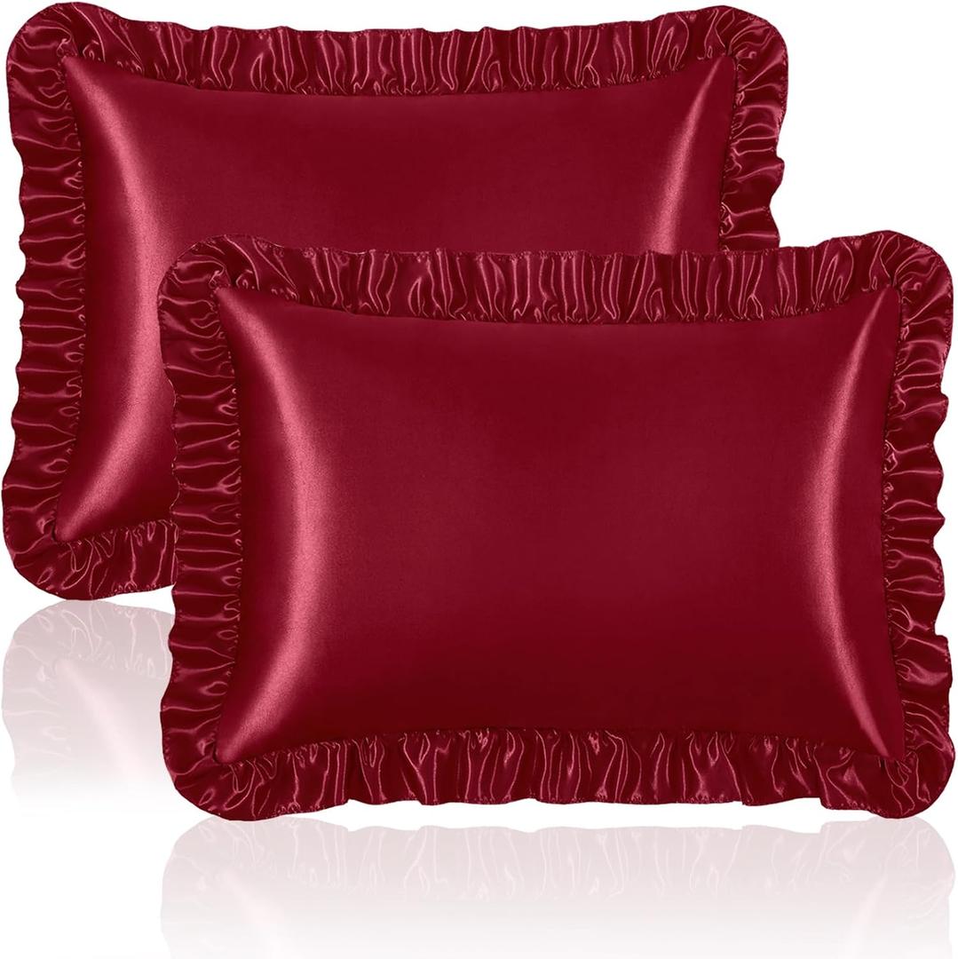 Homiest Ruffle Satin Pillowcase for Hair and Skin, Queen Size Satin Pillow Covers Silky Pillow Cases Set of 2, Satin Ruffled Pillowcase with Envelope Closure, Anti Wrinkle Pillow Shams (Burgundy) (Queen - 20 x 30 Inch)