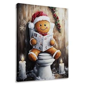 FTKBGHY Christmas Gingerbread Bathroom Canvas Wall Art Framed, Christmas Bathroom Decor, Rustic Xmas Gingerbread on the Toilet Poster Prints Wall Decorations for Washroom Restroom, 11x14 Inch
