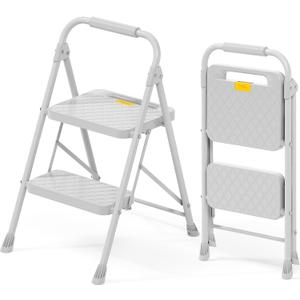 KINGRACK 2 Step Ladder, Folding Step Stool with Safety Lock & Sturdy Anti-Slip Pedals, Pass 800lbs Load Testing, Lightwegiht, Portable Steel Ladder with Handrails for Home, Kitchen, Garage, Office