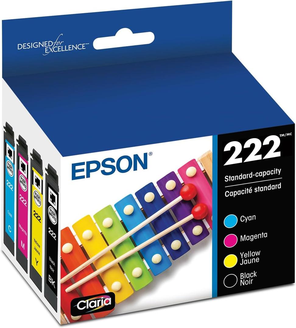 EPSON 222 Claria Ink Standard Capacity Black & Color Cartridge Combo Pack (T222120-BCS) Works with Work Force WF-2960, Expression XP-5200, 4 Count
