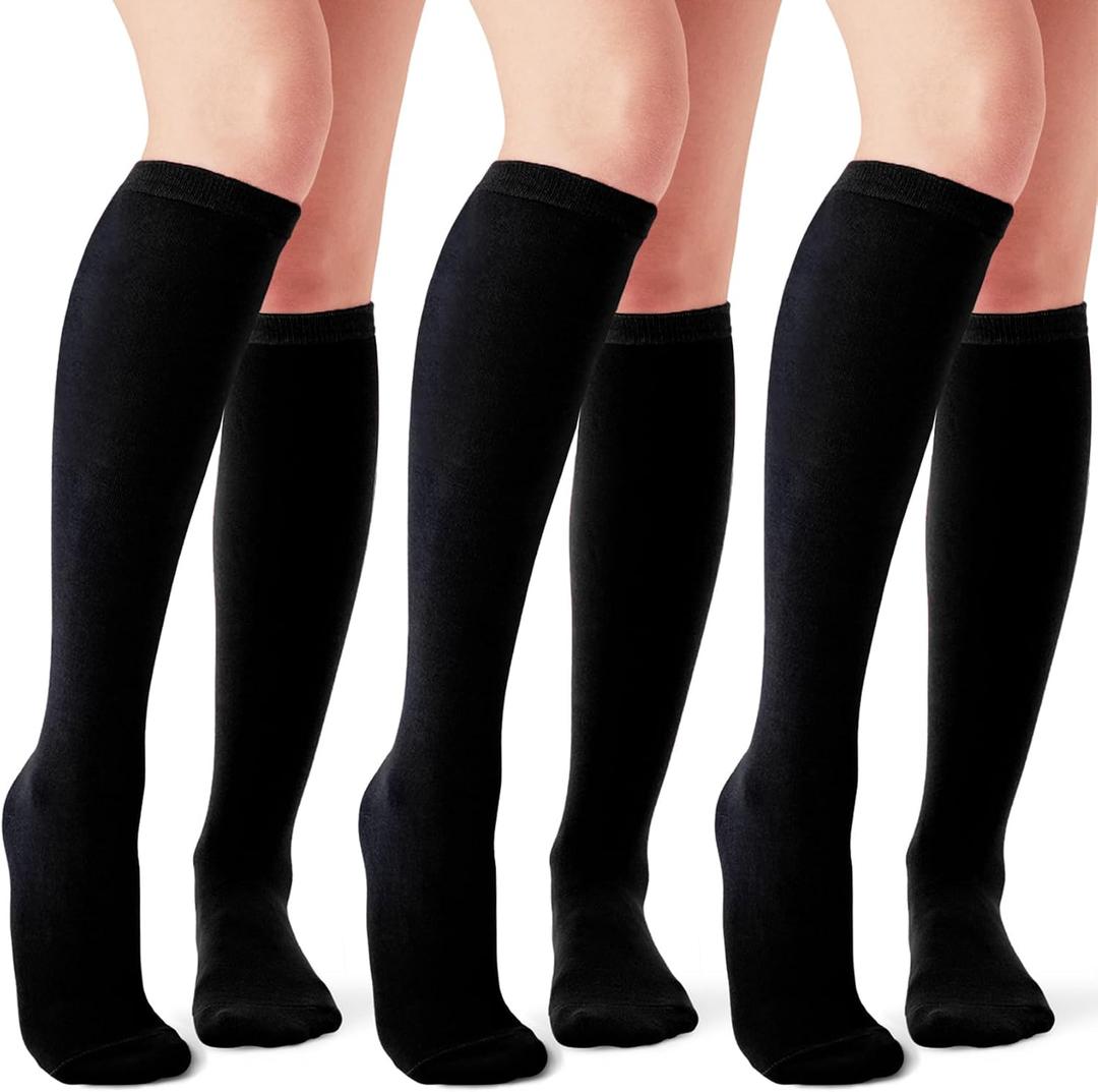 Joulli Women's Knee High Athletic Socks Stripe Calf Tube Boot Outdoor Sport Socks 3 Pairs, Black, M