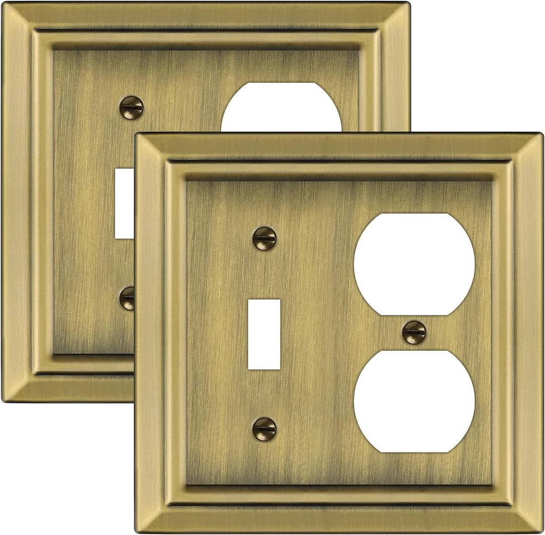Metal Wall Plate for Electrical Outlets, Decorative Antique Brass Switch Plates Outlet Cover, Light Switch Cover Plate, 2-Gang Wall Plates (Toggle/Duplex, 2 Pack)