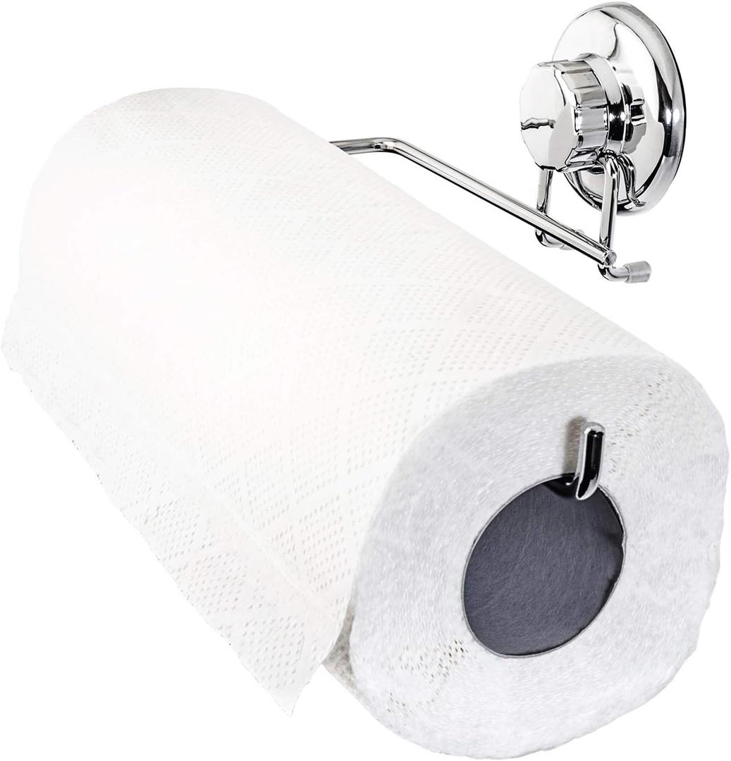 Suction Cup Paper Towel Holder- Chrome Plated Stainless Steel Bar for Bathroom & Kitchen (Chrome)