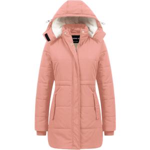 CREATMO US Womens Winter Coats Warm Women Heavy Coat Women's Long Thicken Sherpa Lined Parka Puffer Jacket with Detachable Hood Pink XL