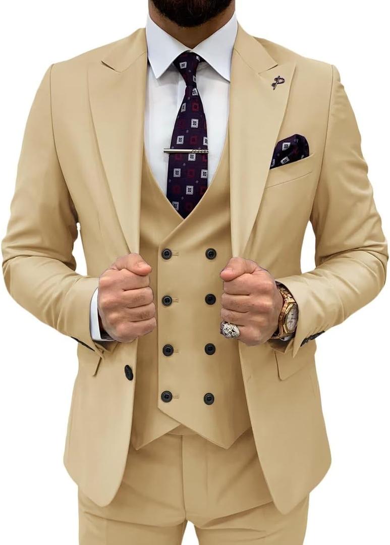 3 Piece Suit Men Slim Fit Double Breasted Suit for Men Wedding Suits Classic One Button Formal Prom Dinner Tuxedo (Large, Champagne)