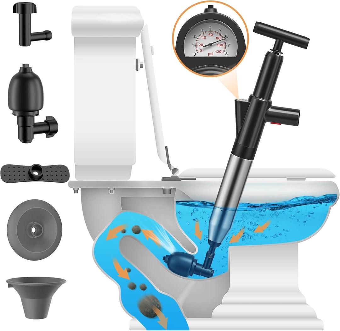 Toilet Plunger, High Pressure Toilet Plunger, Powerful Air Plunger for Toilet, Stainless Steel Plungers for Bathroom, Toilet Unclogger Plumbing Tools for Bathroom, Kitchen, Clogged Pipe