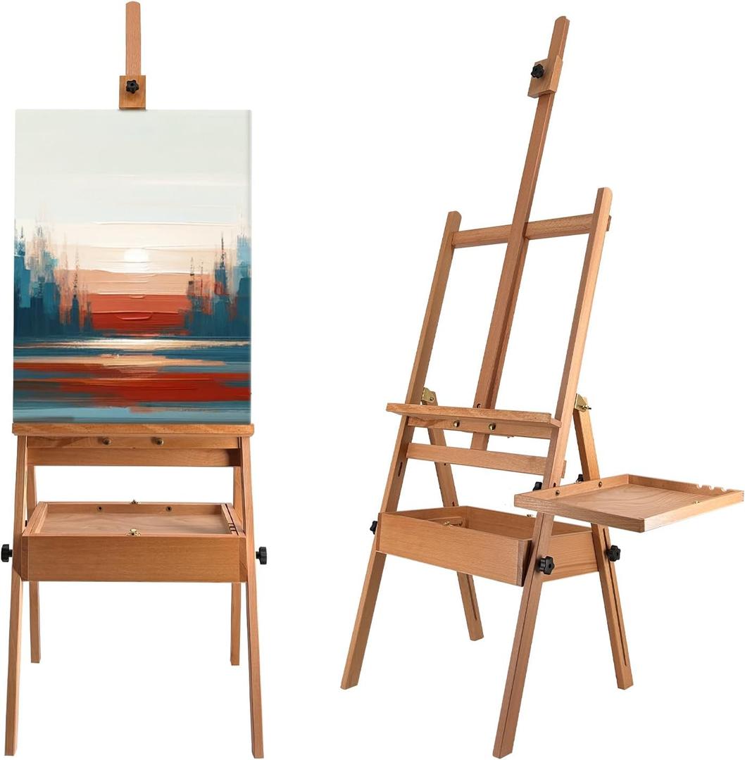 Large Solid Beech Wood Painting Easel with Storage Drawer and Palette (60"~75" H), H-Frame Foldable Wooden Easel Stand with Signature Box for Adults and Students, Holder up to 36''