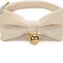 Cotton Breakaway Cat Collar with Bow Tie and Bell, Adjustable Cute Soft Corduroy Kitten Collars for Girl and Boy Cats (S:Neck 7.5" - 11.0", White)