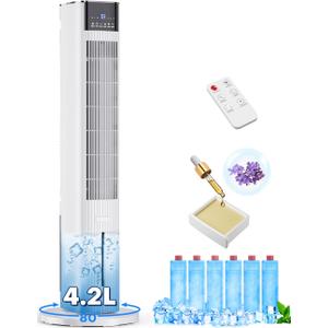 42 INCH Swamp Cooler Air Conditioner w/ 4 Modes & 3 Speeds, Aroma&Memory Function Evaporative Air Cooler, 4.2L Dual Tank, 15H Timer, 6 Ice Packs Portable Windowless Air Conditioner for Bedroom