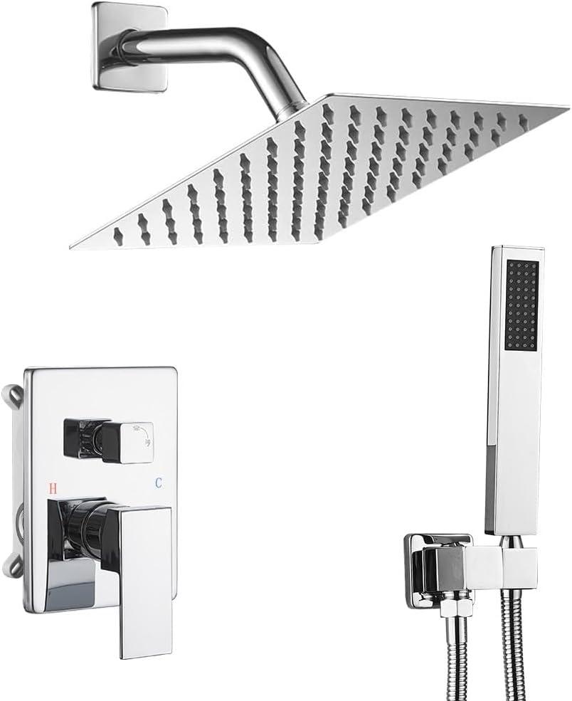 Shower System Polished Chrome Bathroom Rainfall Shower Faucet Set Complete Wall Mounted 8 Inch Shower Head and Handle Set with Rough-in Valve Body and Trim Kit