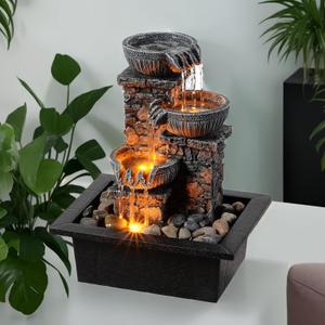 Tabletop Waterfall Fountain 3 Bowls with LED Light, Soothing Water Flow Sound, Zen Meditation Decor for Home and Office, Relaxation Water Fountains Indoor (23113)