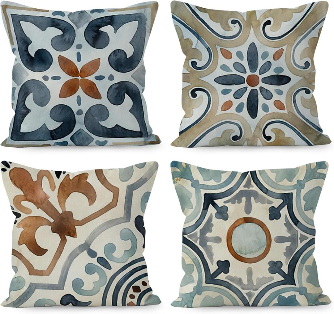 Boho Pillow Covers - 18x18, Watercolor Boho Vintage Retro Floral Mandala Linen Throw Pillow Covers Set of 4, Decorative for Living Room, Bed, Outdoor