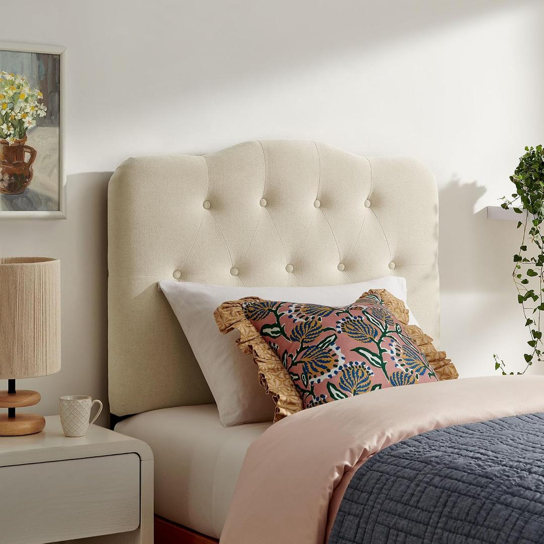 Modway Annabel Premium Linen Blend Twin Headboard in Linen - Soft Fabric Headboard Only with Diamond Button Tufting and 7 Height-Adjustable Positions