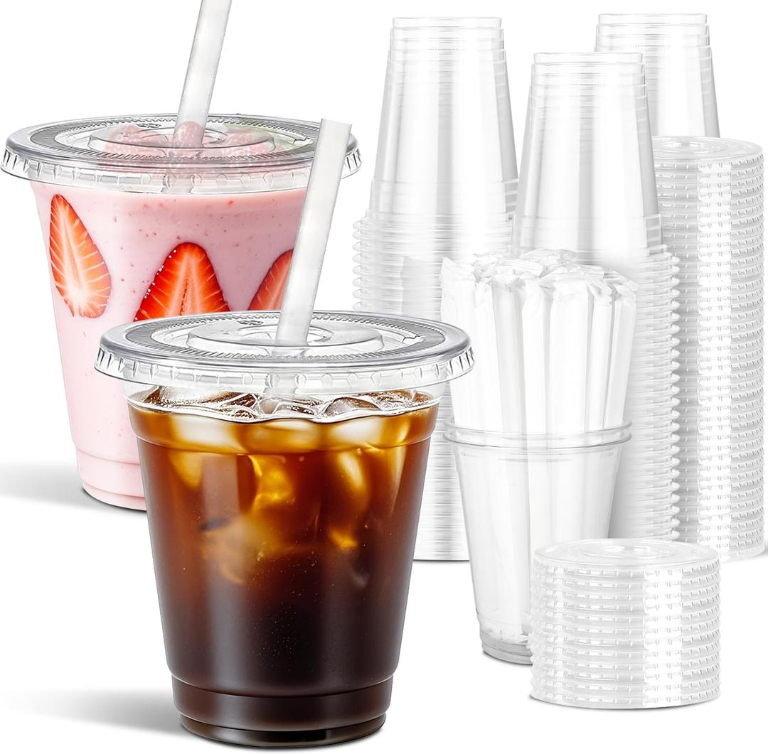Ginkgo 100 Pack 12 oz Plastic Coffee Cups with Lids and Straws, Disposable Clear To Go Iced Coffee Cups for Milkshakes and Cold Beverages  Coffee Bar Essentials for Home and Shops