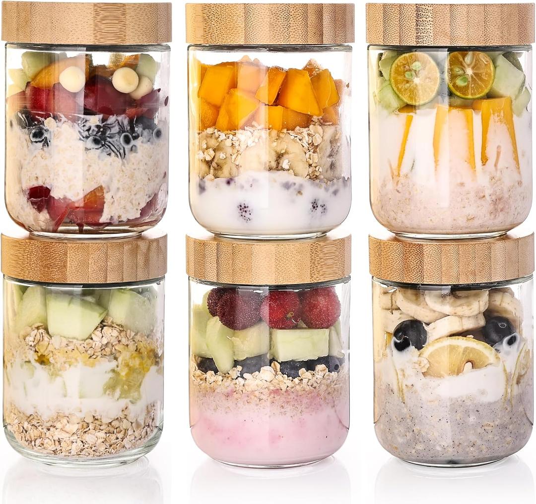 6-Pack 16oz Glass Storage Jars with Bamboo Lids Airtight Wide Mouth Containers for Overnight Oats, Yogurt, Salad, Snacks & Pantry Storage-Reusable Glass Food Storage Containers