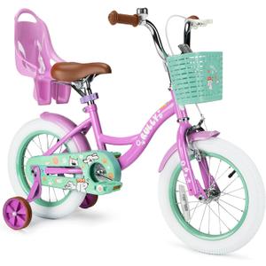 RULLY 12 14 16 Inch Girls Bike with Doll Seat Basket and Training Wheels for 2-6 Years Children