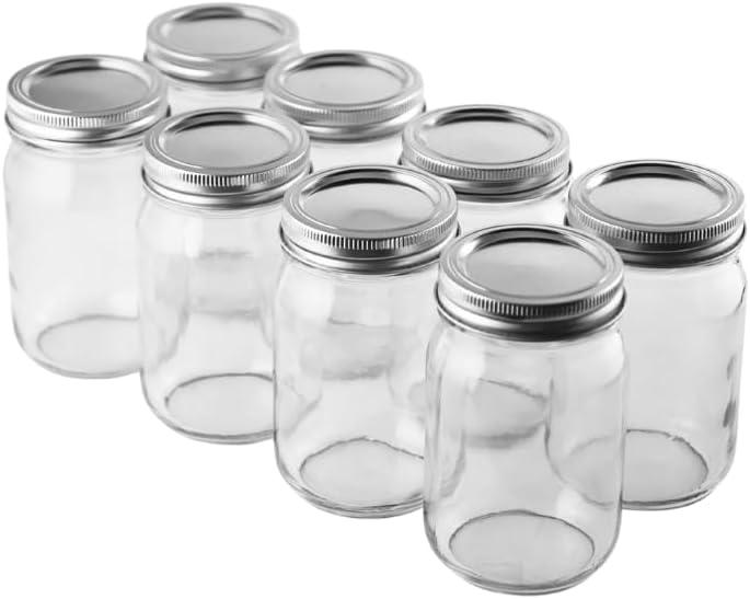 FastRack Regular Mouth Glass Mason Jars with Metal Airtight Lids | 16 oz - Pack of 8 | Large Glass Jars for Food Storage with Lids | Ideal for Canning, Fermentation, Pickling, Kombucha Brewing (EXP 01/01/36)