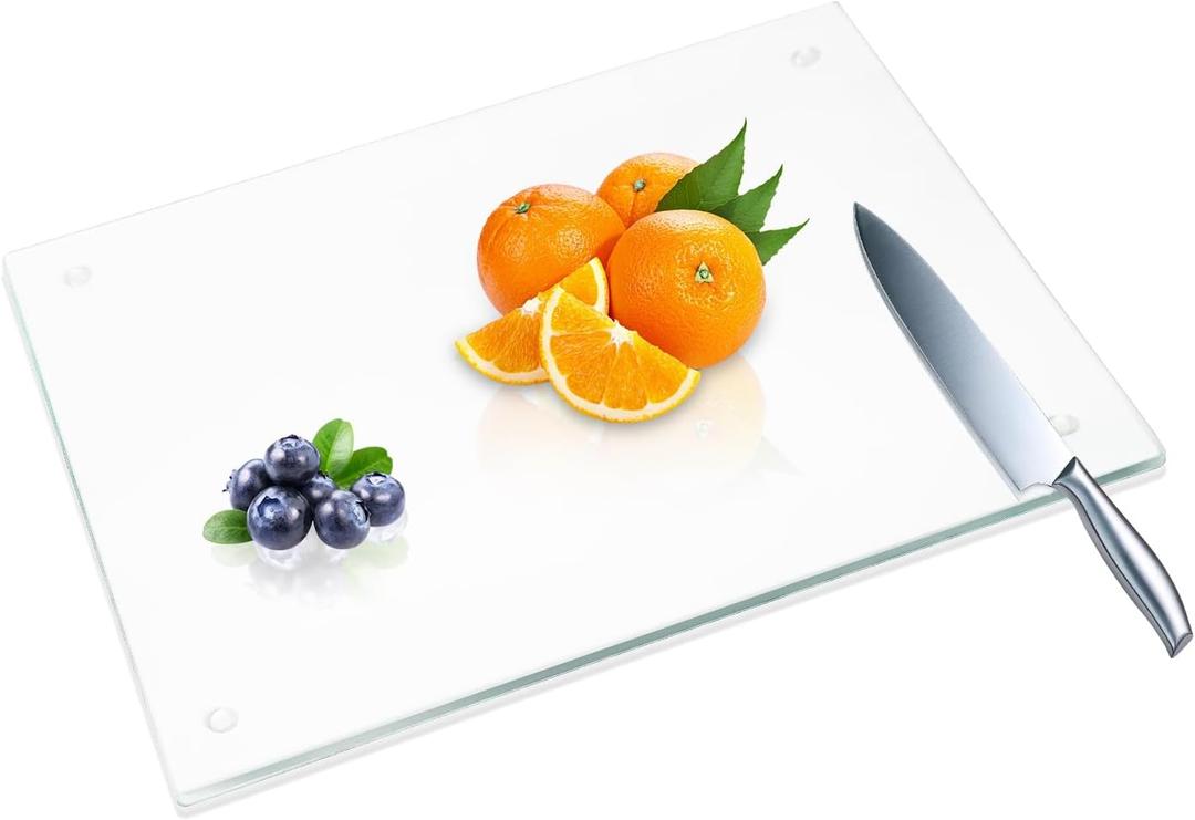 JAMBALAY Tempered Glass Cutting Board for Kitchen, 16"x12" Clear Glass Cutting Board with Rubber Non-Slip Feet, Heat and Scratch Resistant, Shatterproof, Dishwasher Safe