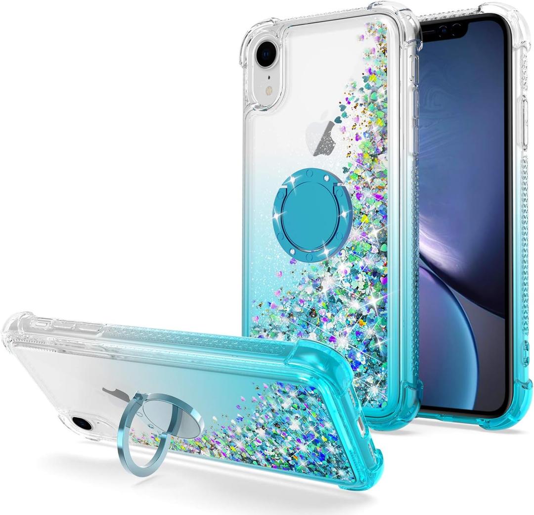 for iPhone XR Case, Bling Flowing Liquid Floating Sparkle Colorful Glitter Waterfall TPU Protective Case with Rotation Ring Kickstand for iPhone XR 6.1 inch, Blue