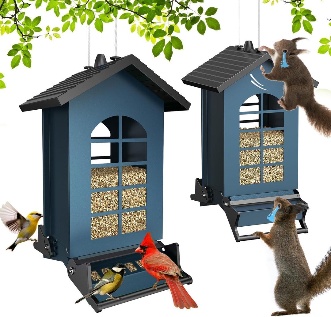 2025 Squirrel Proof Bird Feeder for Outdoors Hanging, 8LBS Metal Hanging Bird Feeder with Bilateral Weight-Activated Perches, Large Capacity Wild Bird Feeder - Squirrel Chewing ProofBlue