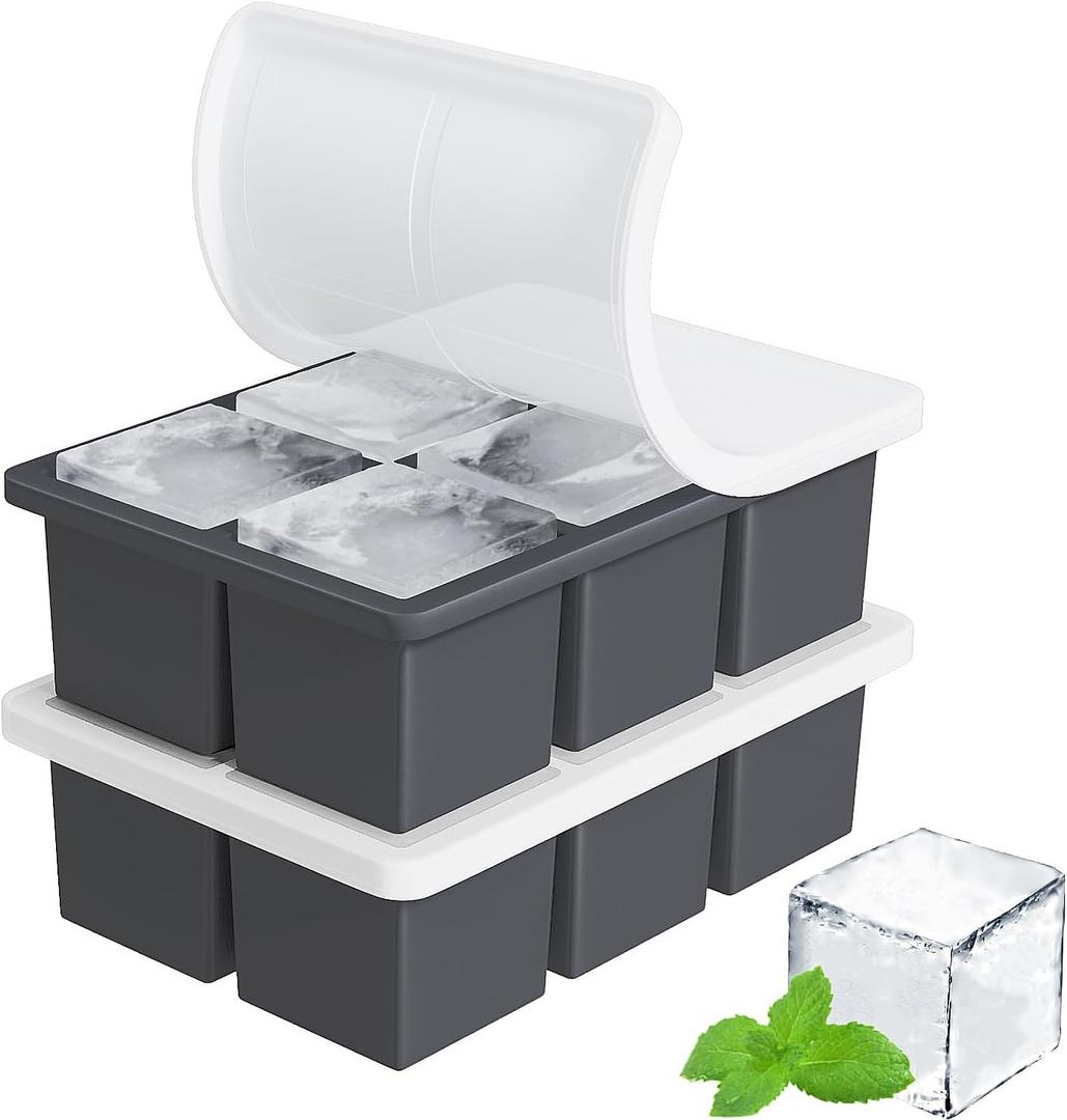 Large Ice Cube Tray for Whiskey: FDDBI Silicone Ice Cube Trays with Lid - 2Pack Big Square Old Fashioned Ice Cube Maker for Cocktail - 2inch Huge Cubed Ice Trays for Whisky, Black