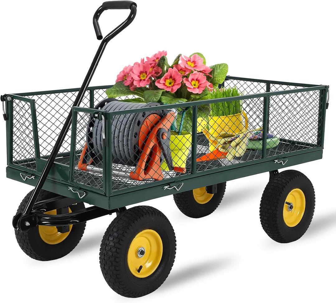 Garden Cart on Wheels 1100Lbs Capacity, Heavy Duty Full Steel Utility Wagon, Versatile Flatbed Carts with Removable Mesh Sides, 180 Rotating Handle, Fit for Outdoor Garden, Lawn, Yard